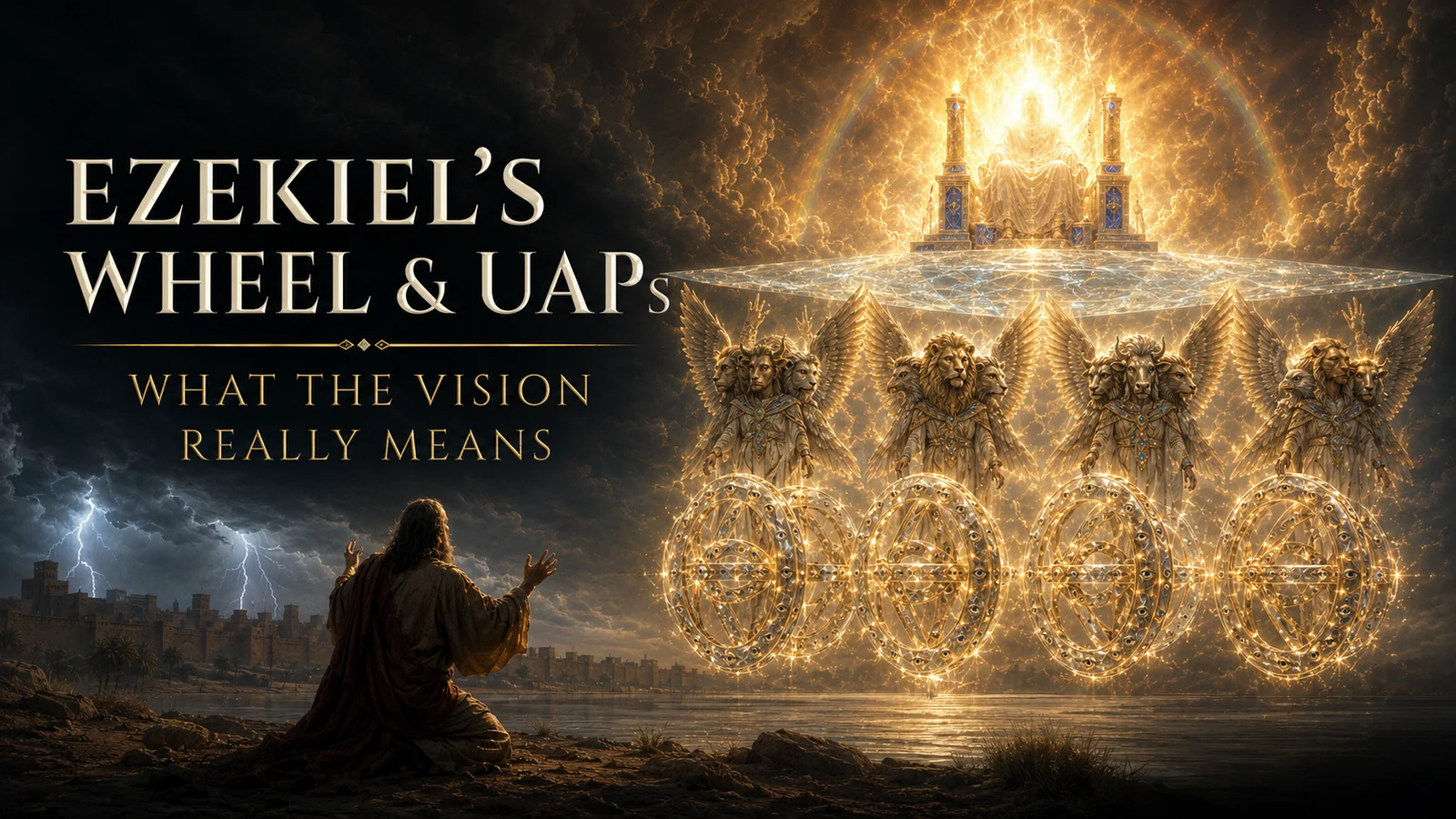 Ezekiel kneels by the Kebar River before four multi-faced cherubim, intersecting wheels covered with eyes, a crystal-like expanse, and the radiant throne-glory of God