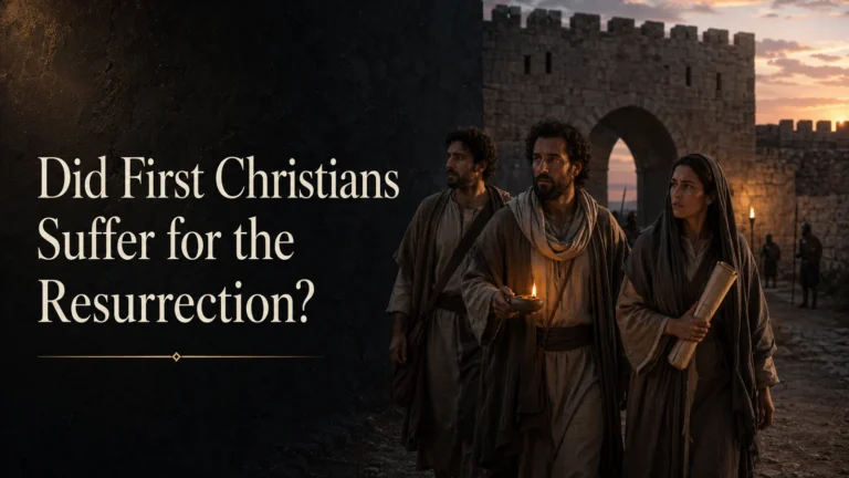 Early Christians walking at dusk near a city gate, representing suffering and public witness to the risen Christ.