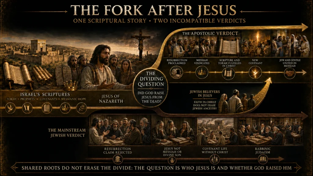 Timeline showing Israel’s Scriptures leading to Jesus and the resurrection question, then dividing into the apostolic Christian verdict and mainstream Jewish rejection, with Jewish believers able to join the Messiah-centered path without losing Jewish ancestry.