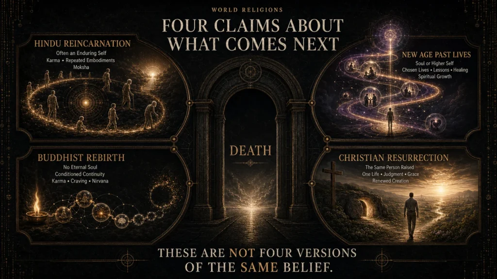 Comparison of Hindu reincarnation, Buddhist rebirth, New Age past lives, and Christian bodily resurrection as four different accounts of what follows death.
