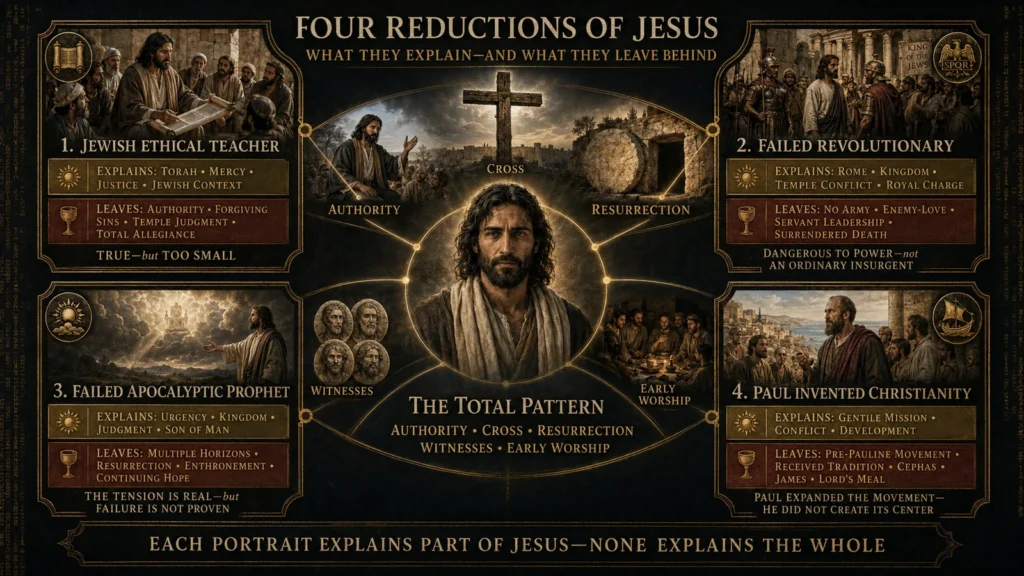 Infographic comparing Jesus as a Jewish ethical teacher, failed revolutionary, failed apocalyptic prophet, and invention of Paul against the total pattern of His authority, crucifixion, resurrection, witnesses, and early worship.