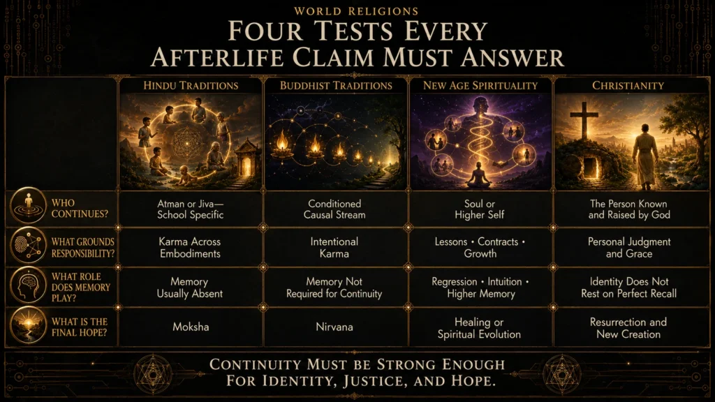 Matrix comparing Hindu, Buddhist, New Age, and Christian answers about personal continuity, responsibility, memory, and final hope after death.