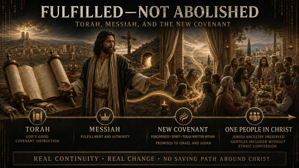 Infographic showing Torah leading through Jesus the Messiah into the new covenant and one people in Christ, with Jewish ancestry preserved and Gentiles included without ethnic conversion.