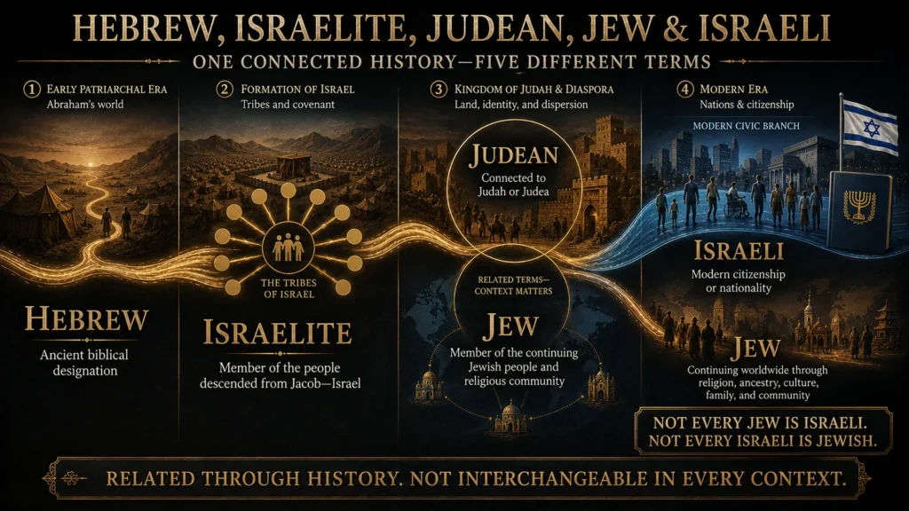 Historical infographic showing how Hebrew, Israelite, Judean, Jew, and Israeli are related through history but describe different identities.