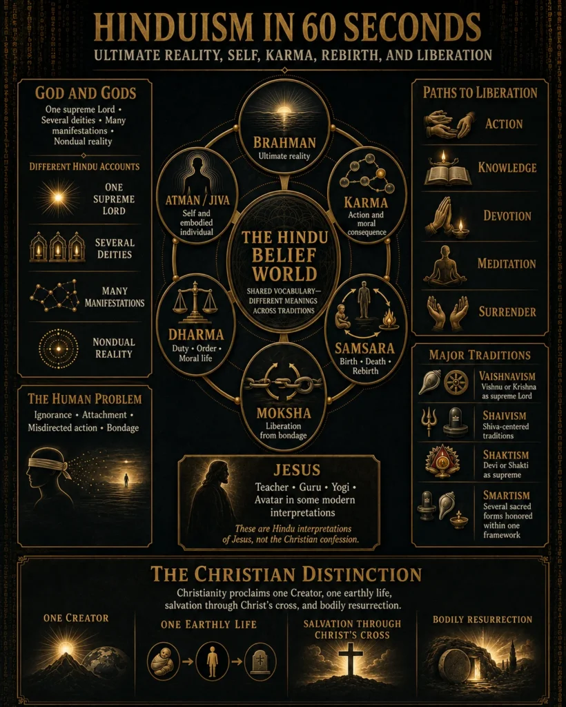 Infographic explaining Brahman, atman, karma, samsara, dharma, moksha, Hindu traditions, paths to liberation, and the Christian distinction.