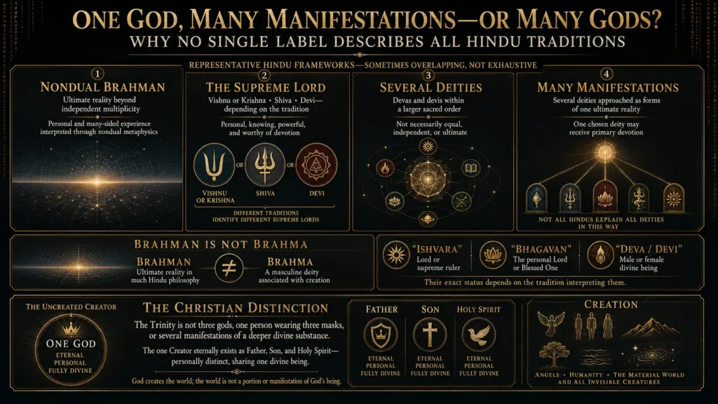 Infographic comparing Hindu understandings of nondual Brahman, one supreme Lord, several deities, and many manifestations, with the Christian Trinity and Creator–creation distinction.