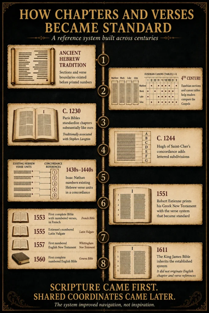 Vertical timeline showing how Hebrew verse boundaries, Eusebian canon tables, Paris Bible chapters, concordances, and printed Bible editions produced modern chapter and verse references.
