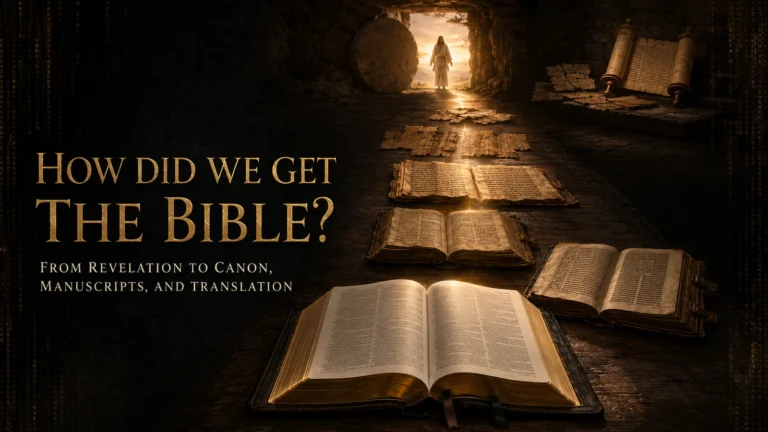 Open modern Bible connected through ancient scrolls, papyrus manuscripts, codices, and early printed books to the risen Jesus at the empty tomb.