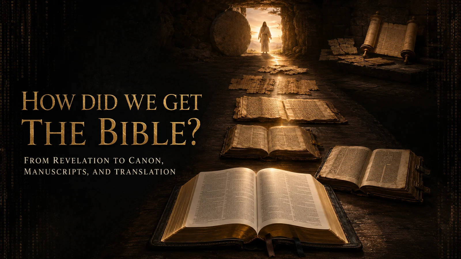 Open modern Bible connected through ancient scrolls, papyrus manuscripts, codices, and early printed books to the risen Jesus at the empty tomb.