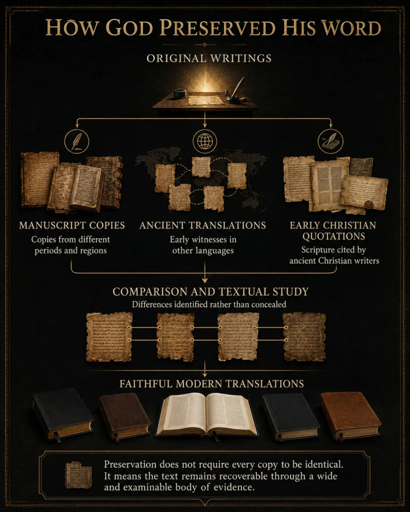 Infographic showing original biblical writings leading to manuscript copies, ancient translations, early Christian quotations, textual comparison, and faithful modern translations.