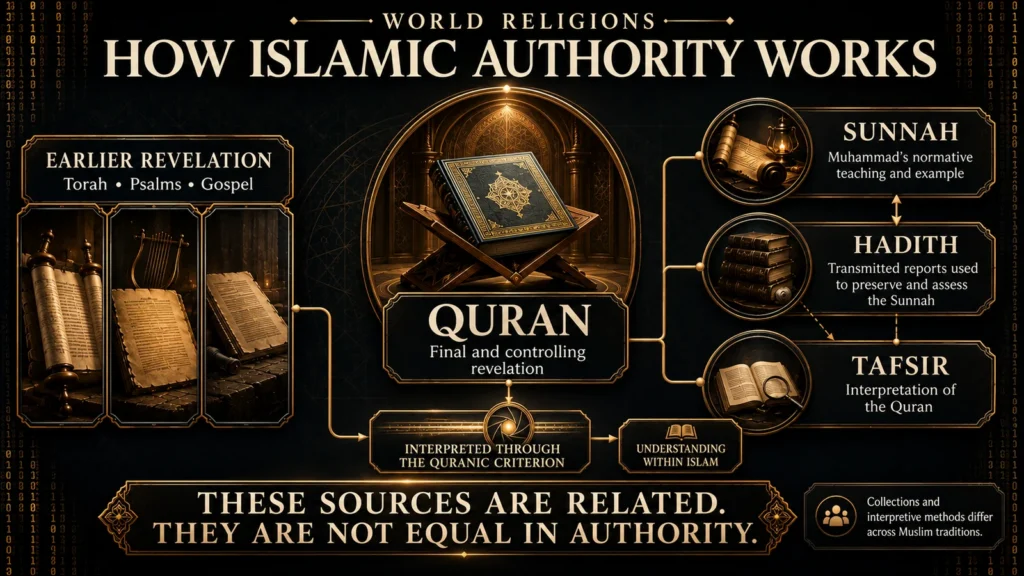 Diagram showing the Quran as Islam’s final controlling revelation and its relationship to earlier revelation, Sunnah, hadith, and tafsir.