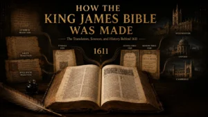 Open 1611-style King James Bible surrounded by Hebrew, Greek, Wycliffite, Tyndale, Geneva, and Bishops’ Bible sources, with Westminster, Oxford, and Cambridge in the background.