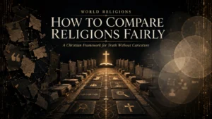 Dark Christian editorial graphic showing a disciplined path between religious caricature and false equivalence, leading toward a cross and open Gospel.