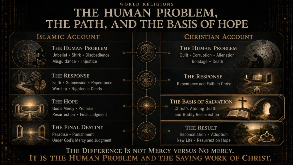 Comparison of Islamic and Christian accounts of the human problem, repentance, mercy, salvation, final destiny, and Christ’s saving work.