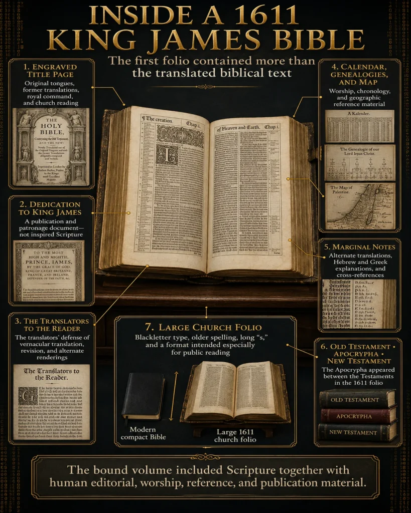 Annotated infographic showing the title page, dedication, translators’ preface, marginal notes, maps, genealogies, Apocrypha, and large folio format of the 1611 King James Bible.