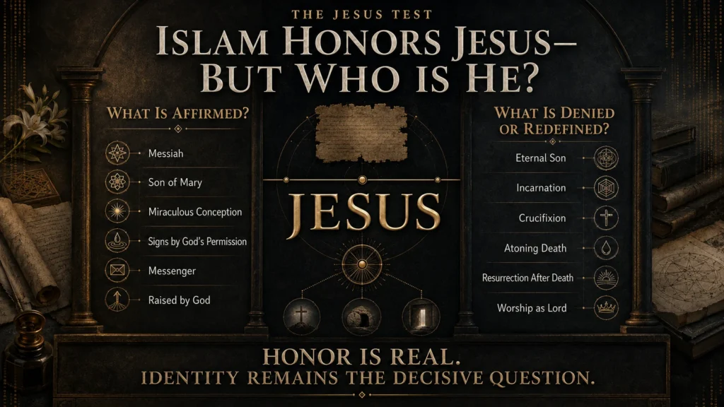 Comparison showing what Islam affirms about Jesus and which Christian claims it denies or redefines, including the cross and resurrection.