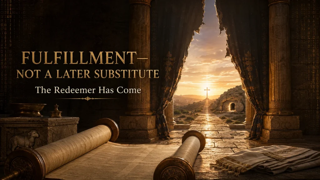 Torah scroll leading through a torn Temple veil toward a cross and empty tomb at dawn, symbolizing fulfillment in Jesus Christ.