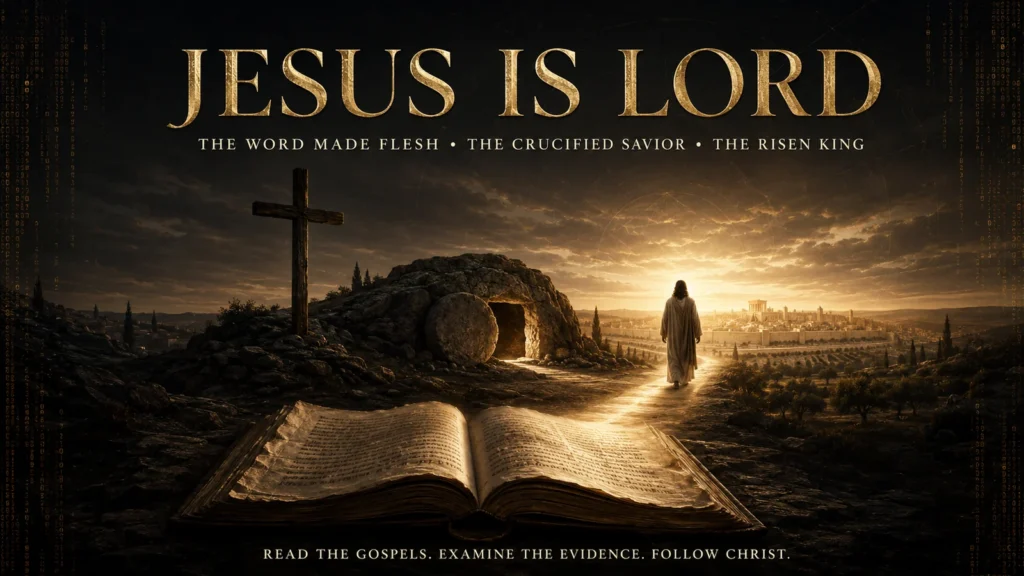 An open ancient-style Gospel book leads past a wooden cross and empty tomb toward the risen Christ beneath the words “Jesus Is Lord.”