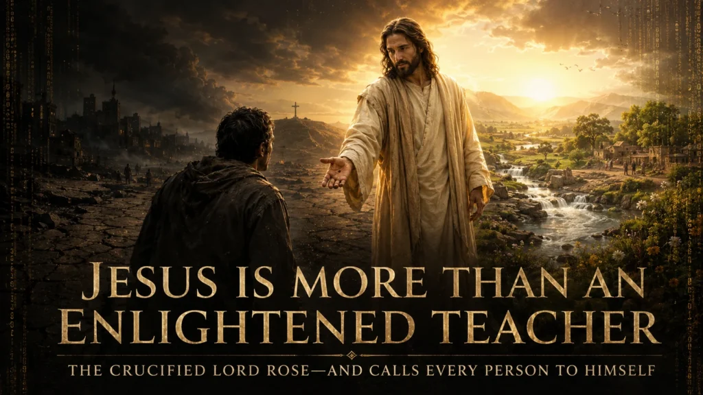 The risen Jesus extends His hand toward a suffering man as a broken world gives way to renewed creation, illustrating Christ’s call, resurrection, and saving grace.