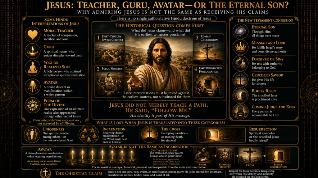 Infographic comparing Hindu interpretations of Jesus as teacher, guru, yogi, avatar, or divine manifestation with the New Testament confession of Jesus as the eternal Son, crucified Savior, and bodily risen Lord.