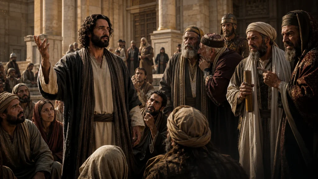 Jesus teaches with authority in the Temple courts while Jewish listeners respond and religious leaders whisper, react with anger, and coordinate opposition.