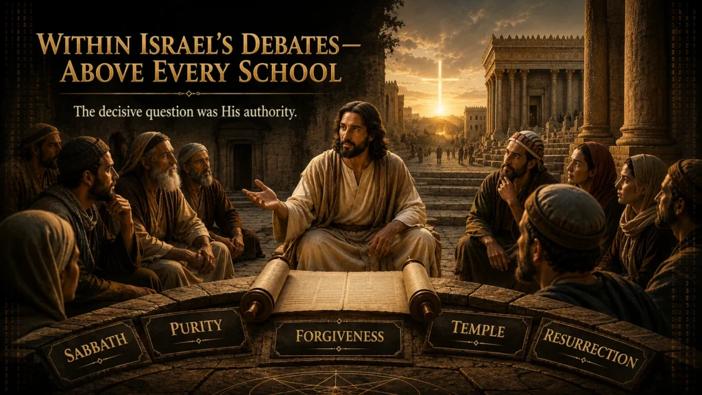 Jesus teaching among first-century Jewish listeners with a Torah scroll and labels for Sabbath, purity, forgiveness, Temple, and resurrection.
