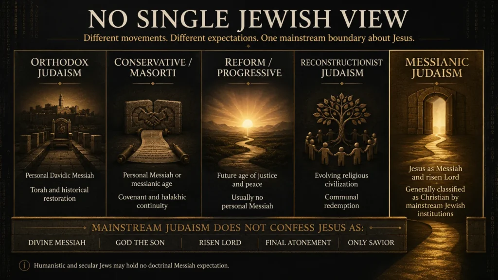 Infographic comparing Orthodox, Conservative, Reform, Reconstructionist, and Messianic Jewish views of the Messiah and Jesus.