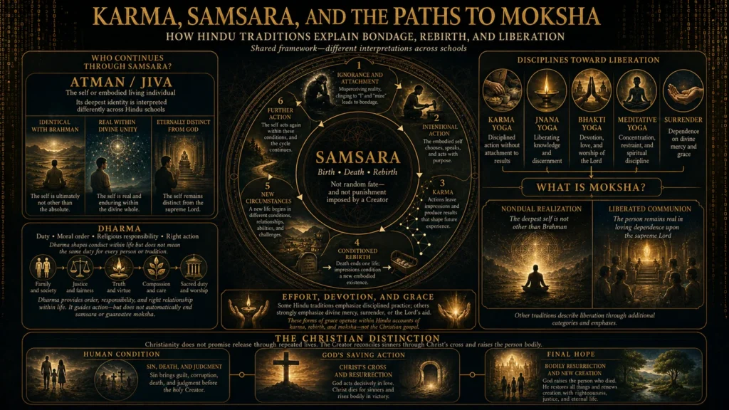 Infographic explaining atman and jiva, karma, samsara, dharma, Hindu paths to moksha, differing views of liberation, and the Christian hope of bodily resurrection.