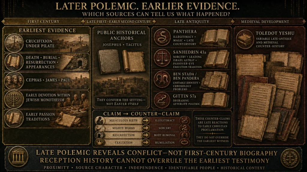 Timeline comparing first-century evidence about Jesus with Josephus and Tacitus, late-antique Talmudic polemics, Panthera traditions, and medieval Toledot Yeshu counterstories.