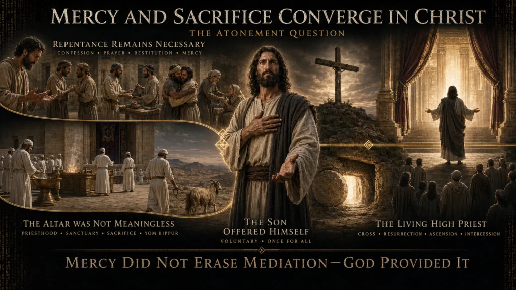Infographic showing repentance and mercy alongside Israel’s priesthood and Yom Kippur sacrifices converging in Jesus’ voluntary offering, resurrection, ascension, and living priesthood.