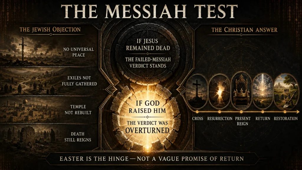 Infographic comparing the Jewish objection that messianic promises remain unfinished with the Christian claim that Jesus’ resurrection overturned the failed-Messiah verdict and leads to final restoration.