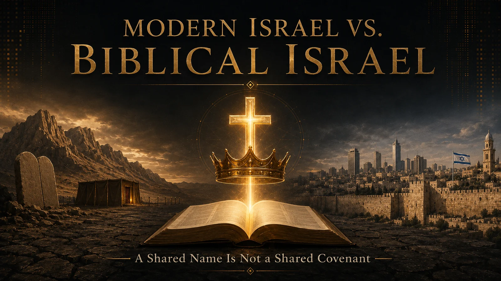 Modern Israel and biblical covenant Israel contrasted around an open Bible, cross, and crown representing fulfillment in Jesus Christ.