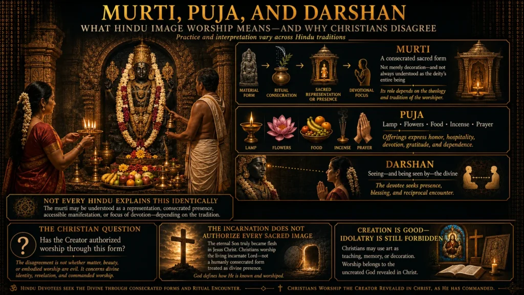 Infographic explaining Hindu murti worship, puja offerings, and darshan, followed by the Christian distinction concerning incarnation, idolatry, and authorized worship.