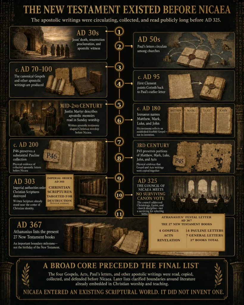 Historical timeline showing that New Testament writings, Gospel collections, Pauline letters, P45, and P46 existed before the Council of Nicaea in AD 325.