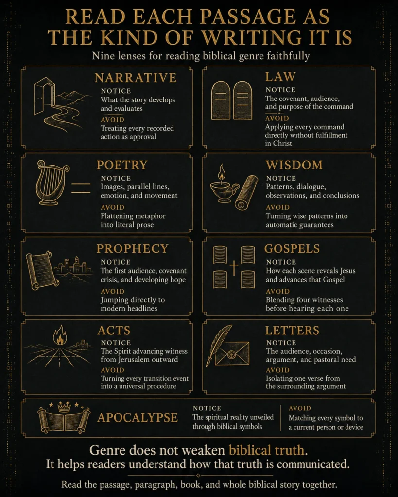 Infographic explaining what readers should notice and avoid when reading nine biblical genres: narrative, law, poetry, wisdom, prophecy, Gospels, Acts, letters, and apocalypse.
