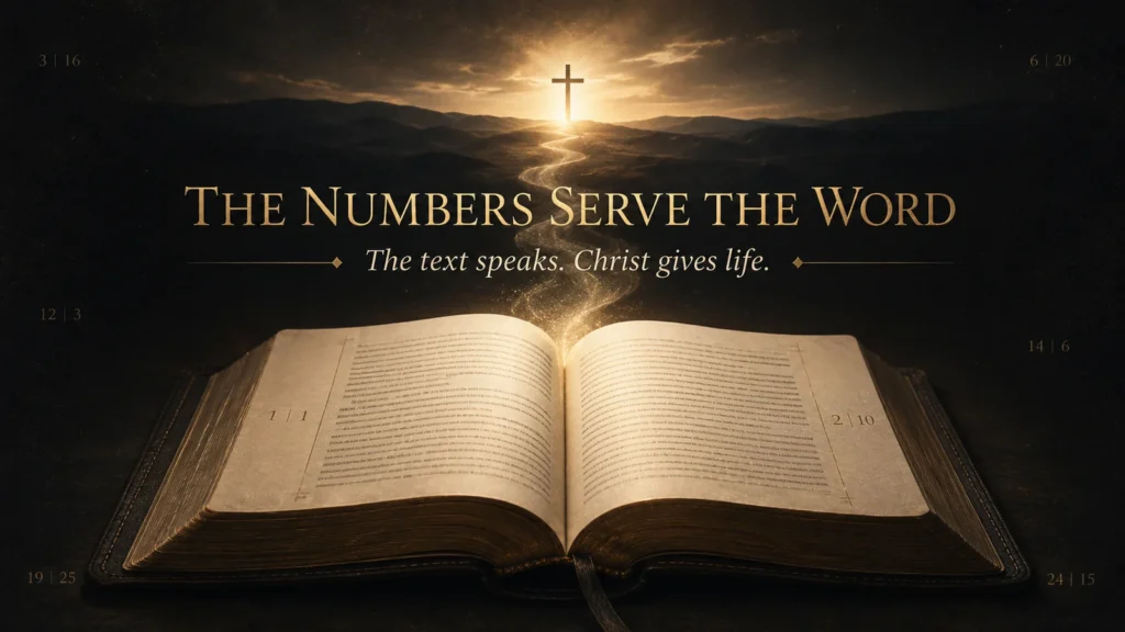 Open Bible illuminated by a path of light leading toward a cross, showing that chapter and verse numbers serve Scripture and point readers to Christ.