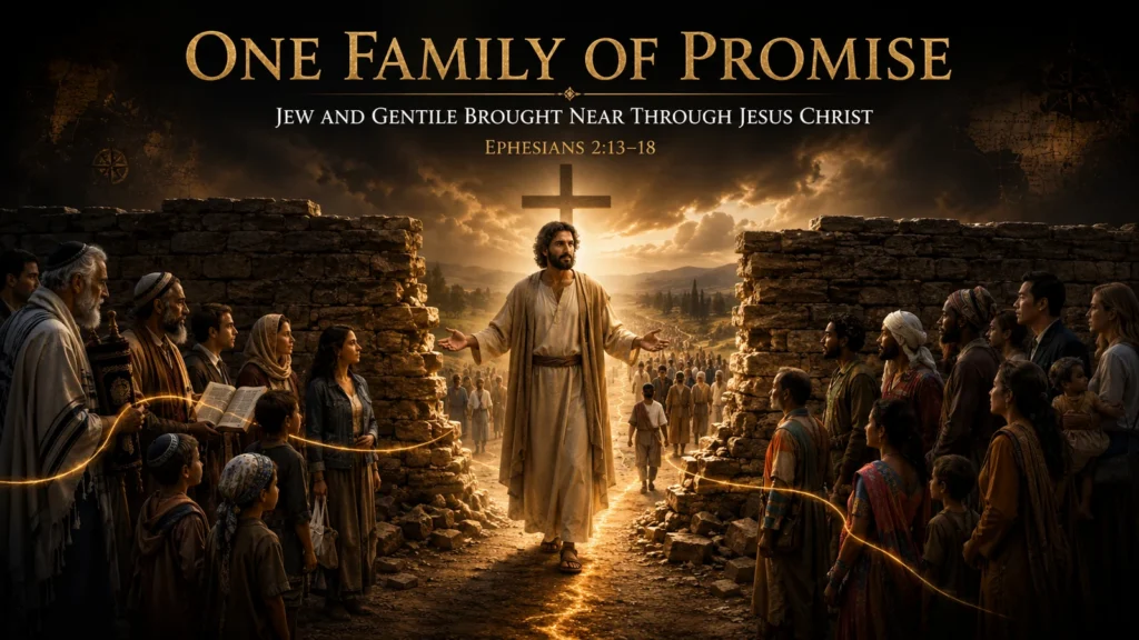 Jesus stands in a broken dividing wall as Jewish and Gentile families approach Him and continue together on one illuminated road.