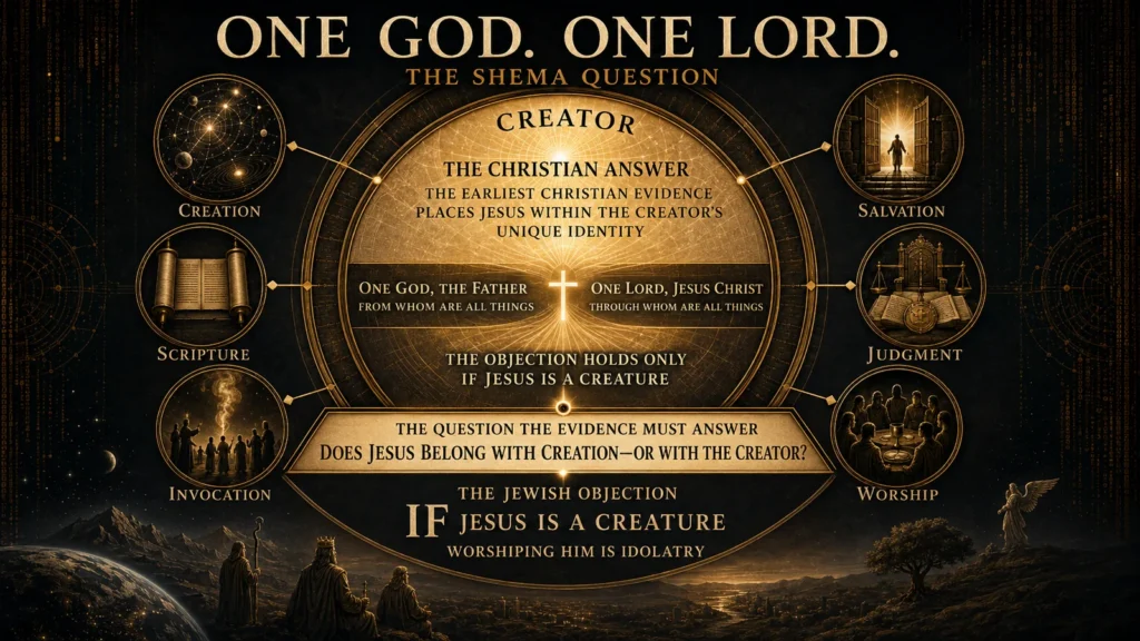 Infographic examining whether Jesus belongs with creation or within the Creator’s unique identity through evidence from creation, Scripture, invocation, salvation, judgment, and worship.