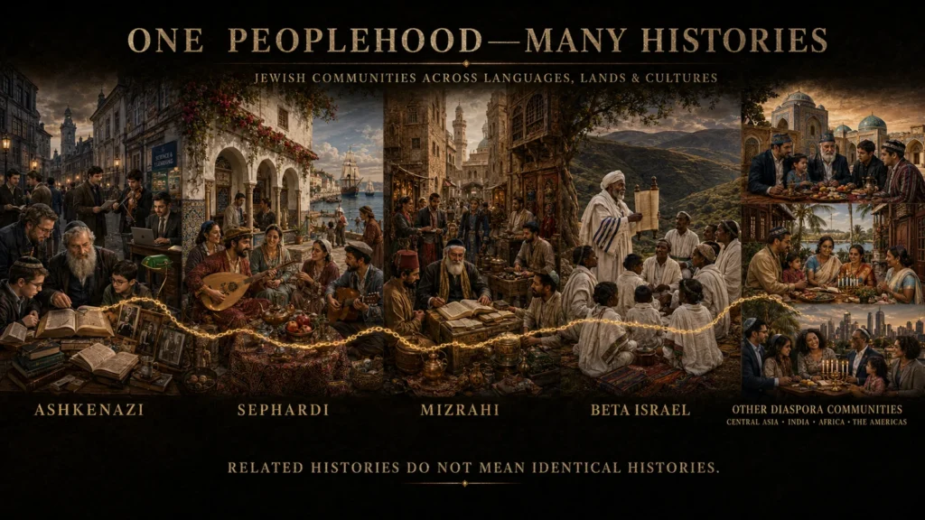 Panorama showing Ashkenazi, Sephardi, Mizrahi, Beta Israel, and other Jewish diaspora communities connected across distinct cultures and histories.