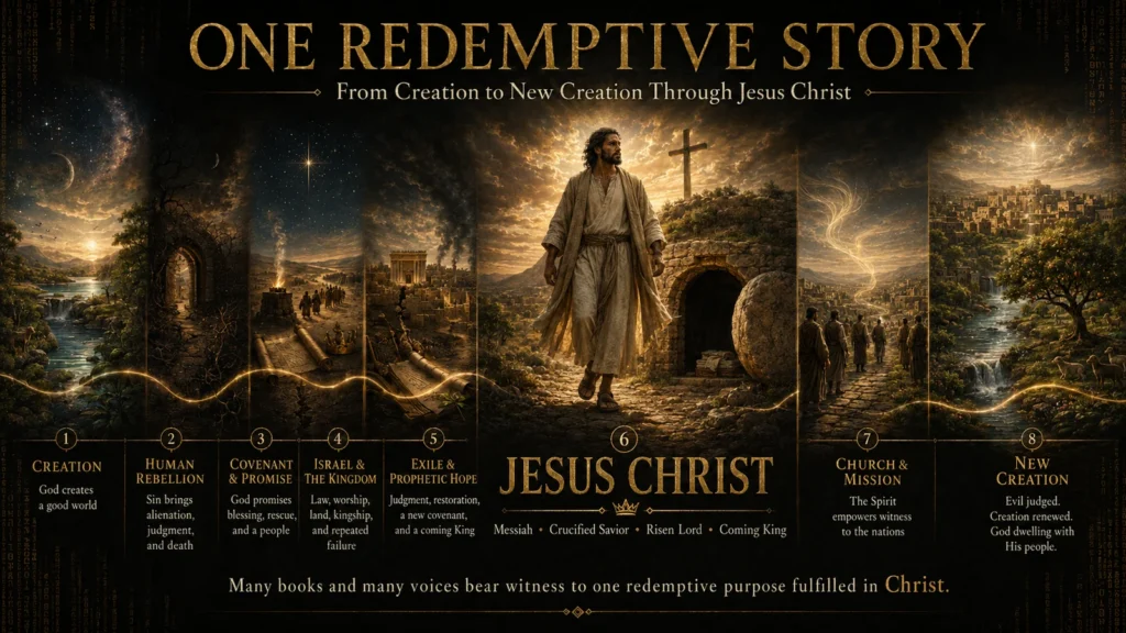 Biblical timeline from creation and human rebellion through covenant, Israel, exile, Jesus Christ, the church’s mission, and new creation.