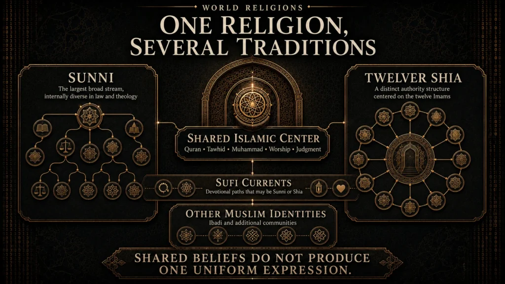 Taxonomy showing Islam’s shared center alongside Sunni, Twelver Shia, Sufi currents, and other Muslim identities including Ibadi communities.