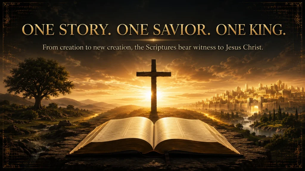 Open Bible beneath a central cross, framed by creation and a renewed city, illustrating Scripture’s one redemptive story centered on Jesus Christ.