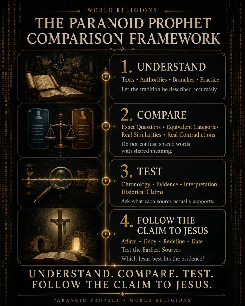 Four-stage Christian framework for understanding, comparing, testing, and following religious claims to Jesus.