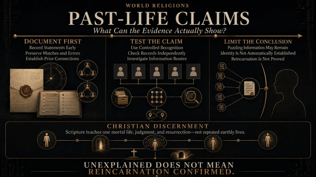 Christian discernment infographic showing how to document and test past-life claims while limiting conclusions and distinguishing unexplained evidence from proof of reincarnation.