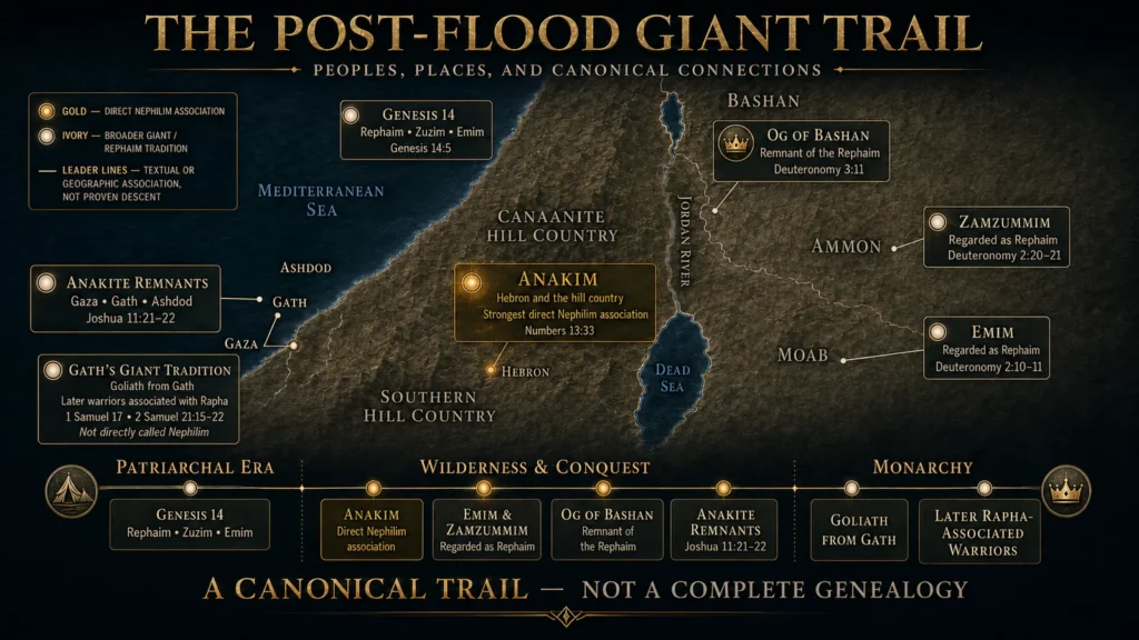 Biblical map showing the Anakim, Rephaim, Emim, Zamzummim, Og of Bashan, and the giant tradition associated with Gath after the Flood