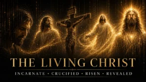 Jesus Christ animation formed from glowing code and particles, showing the Incarnation, crucifixion, resurrection, and Revelation glory