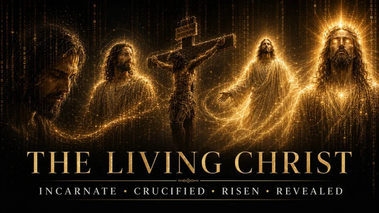 Jesus Christ animation formed from glowing code and particles, showing the Incarnation, crucifixion, resurrection, and Revelation glory