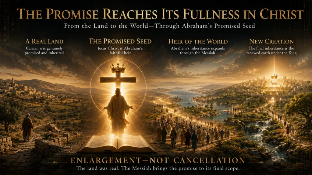 Christian infographic showing the Abrahamic promise progressing from the land of Canaan through Jesus the promised Seed to worldwide inheritance and renewed creation under the Lamb.