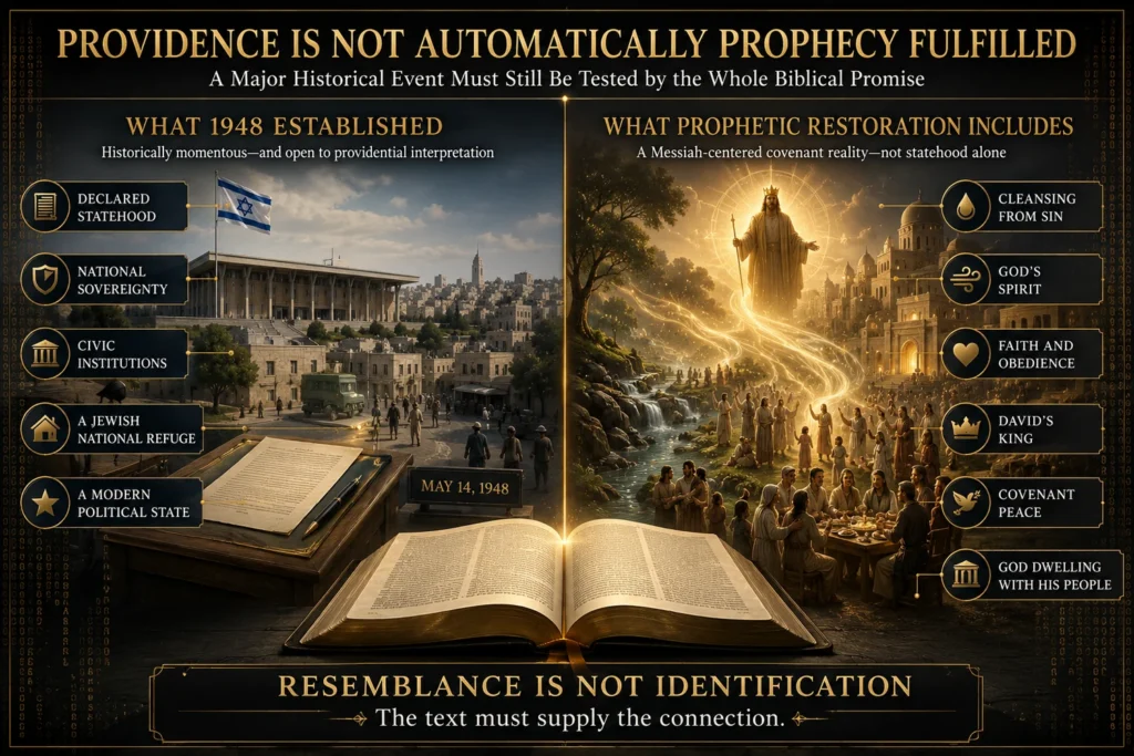 Infographic comparing what Israel’s establishment in 1948 achieved with biblical restoration promises of cleansing, God’s Spirit, faith, David’s King, covenant peace, and God’s dwelling.