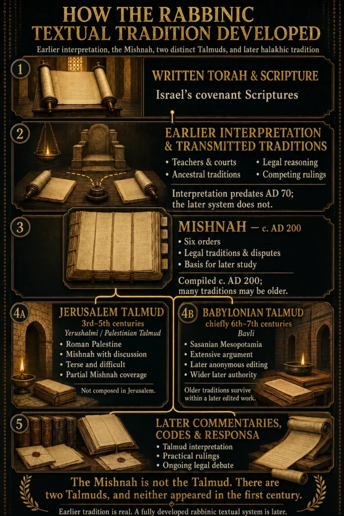 Infographic tracing the Torah, earlier interpretation, Mishnah, Jerusalem Talmud, Babylonian Talmud, and later rabbinic literature.